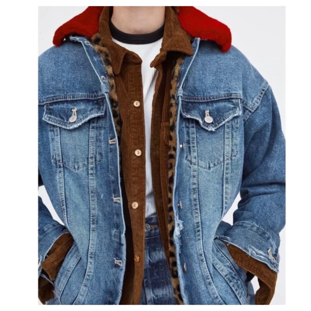 ZARA Oversized Denim Jacket with Red Faux Fur Collar and Leopard Interior‎ - Picture 2 of 9